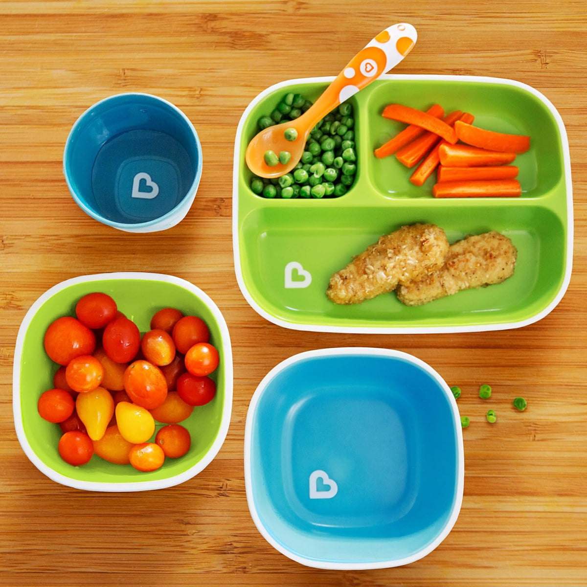 Munchkin Splash juego de comedor de 4 piezas para niños pequeños con plato dividido y tazón, Azul/Verde, 4 Piezas