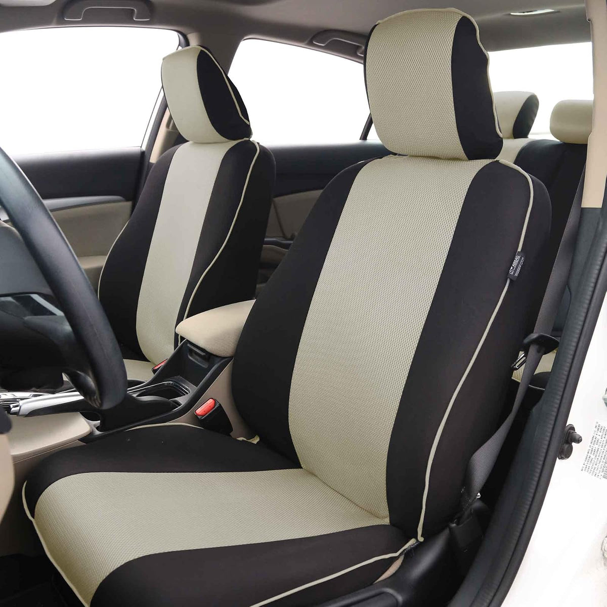FH GROUP FH-FB063128 Three Row Cloth Car Seat Covers with Piping Airbag & Split Ready Beige/Black- Fit Most Car, Truck, SUV, or Van