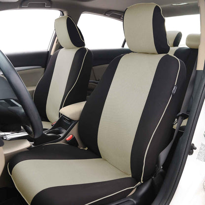 FH GROUP FH-FB063128 Three Row Cloth Car Seat Covers with Piping Airbag & Split Ready Beige/Black- Fit Most Car, Truck, SUV, or Van