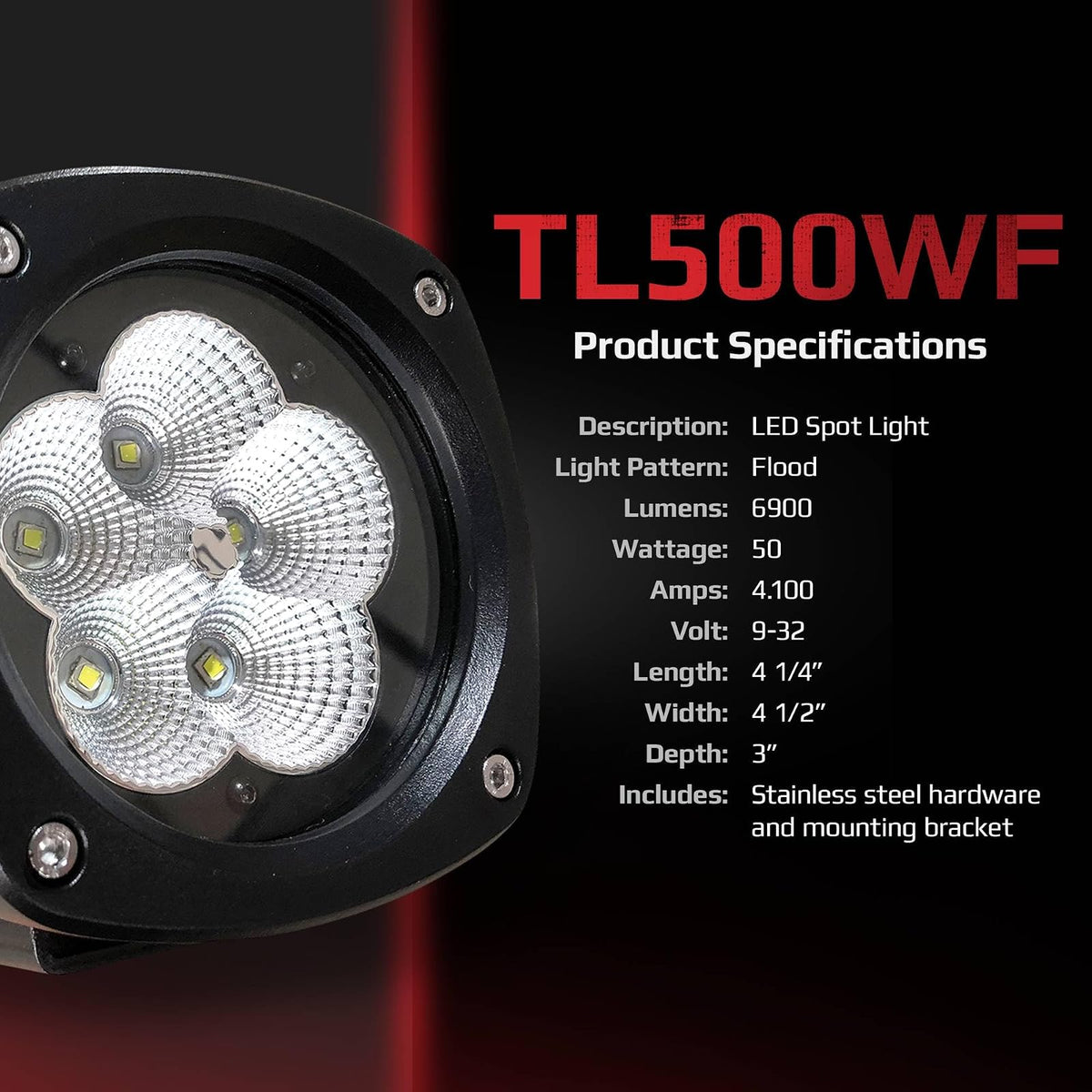 Tiger Lights TL500WF - Luz LED compacta de 50 W, 9 V, compatible con/reemplazo para Caterpillar AP-1000D, AP-1055D, AP-500E, AP-600D, AP-655C, AP-655D - Luz todoterreno para pavimentadora de asfalto