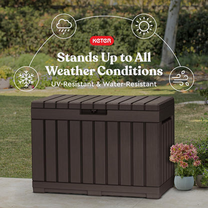 Keter Kentwood - Caja de resina de 50 galones para organizar y almacenar cojines de patio, almohadas y herramientas de jardín, color café