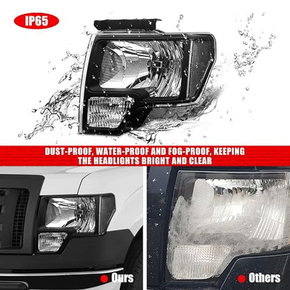 Adcarlights Faros Delanteros para Ford F-150 2009-2014, Carcasa Negra, Lente Transparente, Par