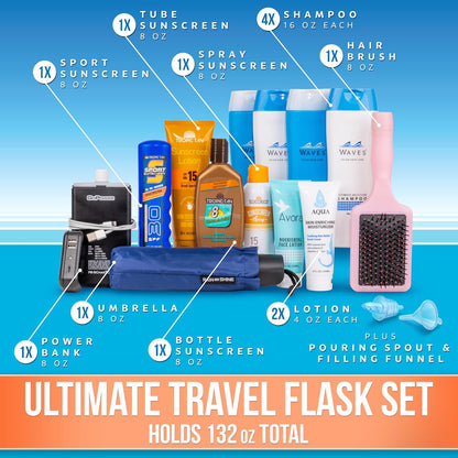 GoPong Cruise Bundle - Frascos de viaje con alcohol oculto (126 onzas en total) - Juego de 13 recipientes de licor secretos para playas, cruceros y eventos deportivos, incluye embudo y boquilla