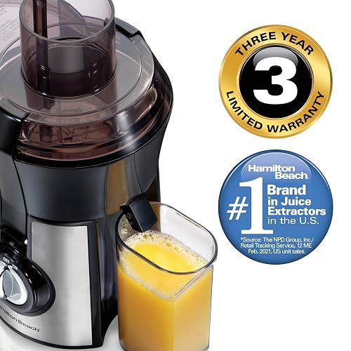 Hamilton Beach 67608Z Extractor de Jugos Big Mouth, Boca Ancha, 800 WATTS, Mediano, Plateado con Negro.