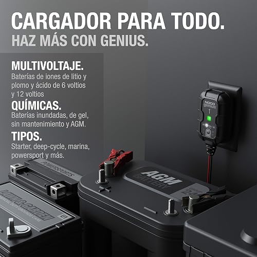 NOCO GENIUS1: Cargador de batería Inteligente 6V/12V 1A – Mantenedor automático, Cargador Lento y desulfatador con protección contra sobrecarga y compensación térmica – para baterías Plomo y Litio