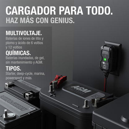 NOCO GENIUS1: Cargador de batería Inteligente 6V/12V 1A – Mantenedor automático, Cargador Lento y desulfatador con protección contra sobrecarga y compensación térmica – para baterías Plomo y Litio