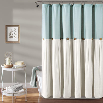 Lush Decor - Cortina de Ducha de Lino con Botones, 72 Pulgadas de Ancho x 72 Pulgadas de Largo, Azul y Blanco Roto, Tela de Cortina de Ducha Azul, Cortina de baño, decoración de baño de Granja