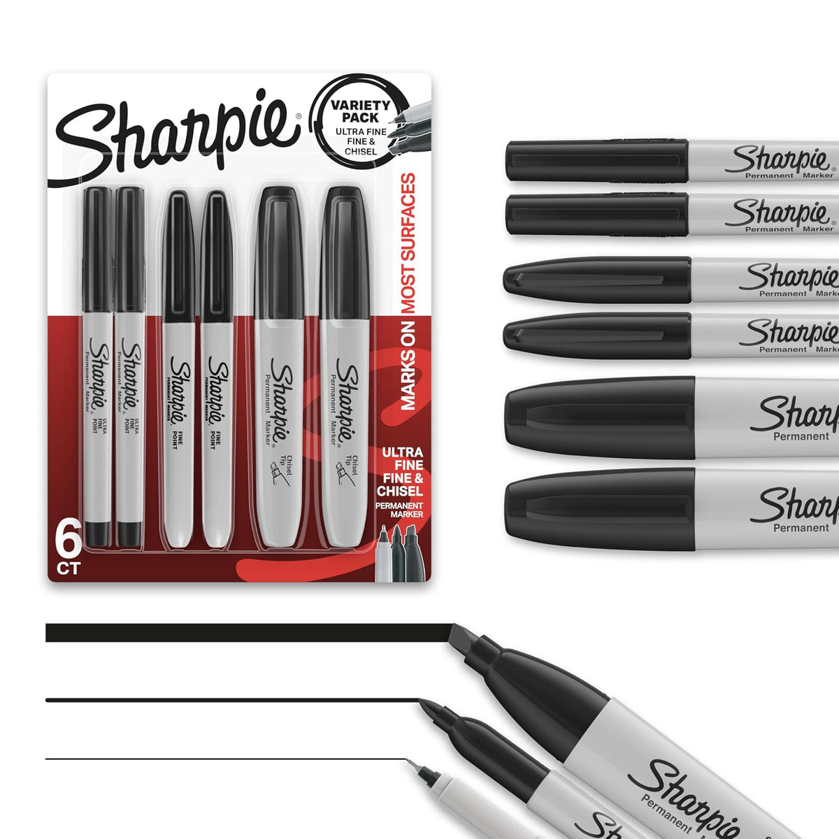 Sharpie - Paquete variado de marcadores permanentes, incluye cincel, puntas finas y ultrafinas, juego de marcadores, escritura, colorear, póster, oficina, suministros escolares, negro, 6 unidades