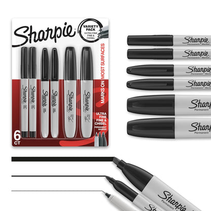 Sharpie - Paquete variado de marcadores permanentes, incluye cincel, puntas finas y ultrafinas, juego de marcadores, escritura, colorear, póster, oficina, suministros escolares, negro, 6 unidades