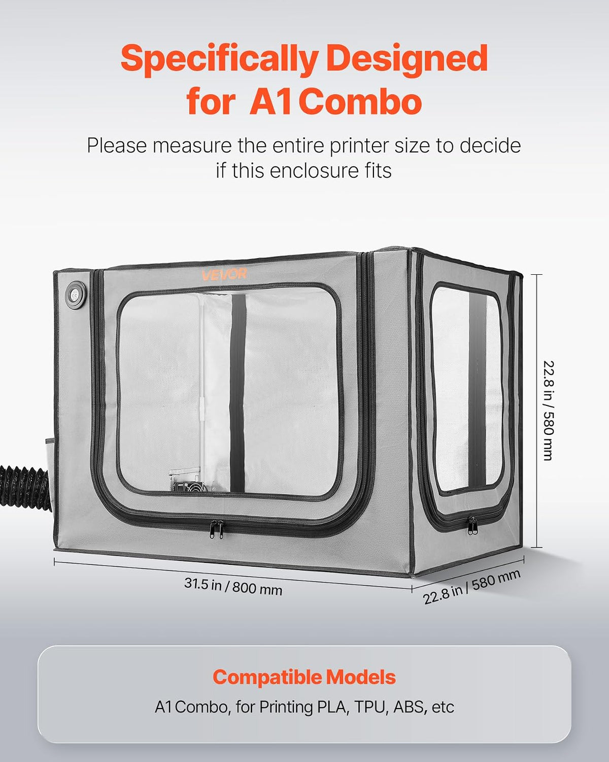 VEVOR Carcasa para Impresora 3D, 800 x 580 x 580 mm, Ignífuga, Resistente al Polvo y al Agua, con Temperatura Constante, Iluminación LED y Ventilación, Compatible con Bambu Lab A1 Combo, Gris