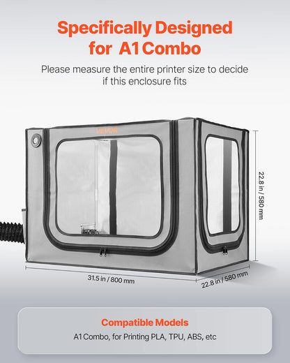 VEVOR Carcasa para Impresora 3D, 800 x 580 x 580 mm, Ignífuga, Resistente al Polvo y al Agua, con Temperatura Constante, Iluminación LED y Ventilación, Compatible con Bambu Lab A1 Combo, Gris