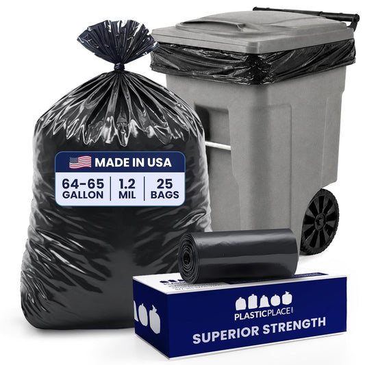 Plasticplace Bolsas de basura de 64 a 65 galones para Toter │ 1,2 mil │ Bolsas de basura negras resistentes │ Rollo │ 50 pulgadas x 60 pulgadas (25 unidades)
