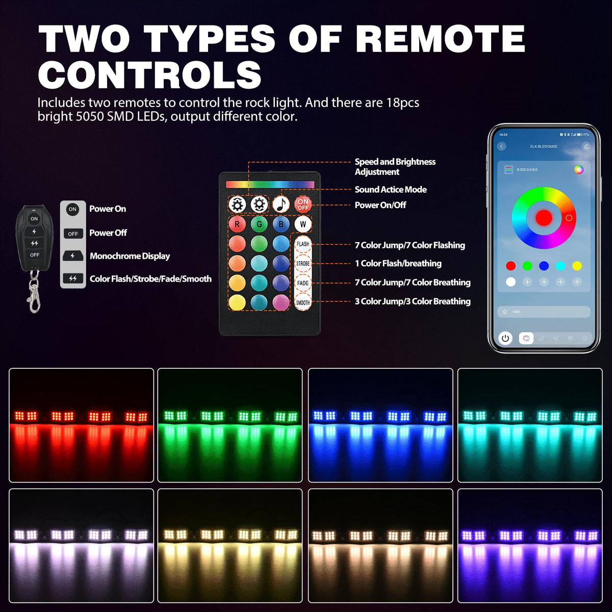 Nilight - Kit de 8 luces LED RGB de roca de 18 luces LED de gran angular con control remoto y aplicación Bluetooth, control dual, multimodos, subido, multicolores, para ATV, UTV, SUV, todoterreno