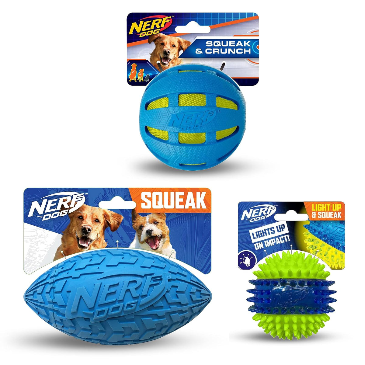 Nerf Dog - Juego de Regalo de Tres Juguetes, Bola crujiente, Bola LED chirriante y Juego de Regalo de fútbol chirriante