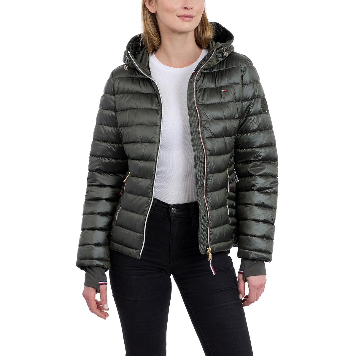 Tommy Hilfiger Chamarra Acolchada Ligera y Empacable con Capucha para Mujer - G - Oliva