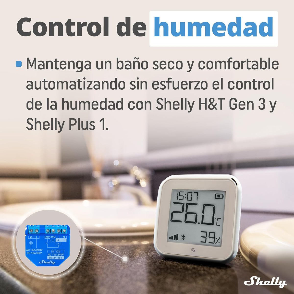Shelly H&T Gen 3 Marfil | Sensor de Temperatura y Humedad Inteligente Wi-Fi y Bluetooth con Control y Monitorización Remotos | Escenas Inteligentes | Alertas de Notificación | Pantalla LCD