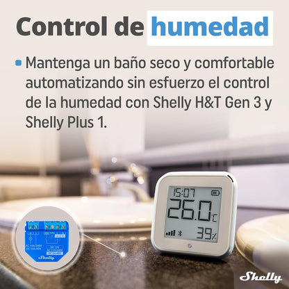 Shelly H&T Gen 3 Marfil | Sensor de Temperatura y Humedad Inteligente Wi-Fi y Bluetooth con Control y Monitorización Remotos | Escenas Inteligentes | Alertas de Notificación | Pantalla LCD