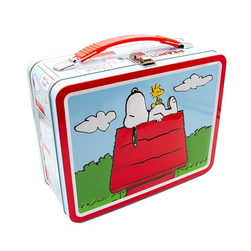 AQUARIUS Peanuts Snoopy Red Dog House Fun Box - Caja de almacenamiento de lata resistente con mango de plástico y cubierta frontal en relieve, producto oficial de Peanuts y regalo coleccionable