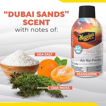 Meguiar's, Car Air Refresher Odor Fighting Mist, Dubai Sands, G262402, 57g | Ambientador de automóvil de larga duración, combate olores fuertes y no deseados, renovando interiores con un aroma lujoso y