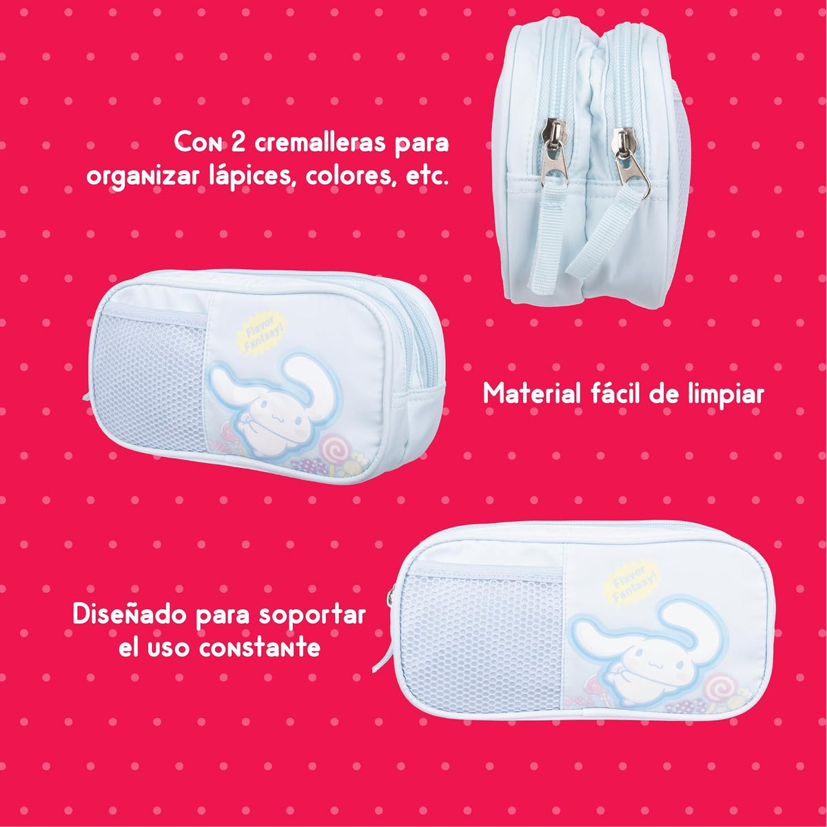 Ruz Lapicera Doble Casual | Cinnamoroll | 100% Poliéster | Bolso Escolar para Niños con Múltiples Bolsillos y Cierre de Cremallera | Recomendado desde 3 años
