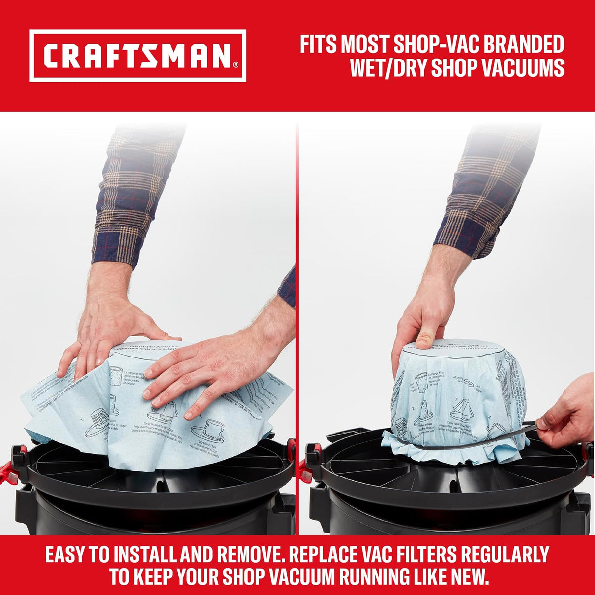 CRAFTSMAN 38766 Wet Dry Vac Filter, Reusable Dry Filter for Shop Vacuums, 3-Pack