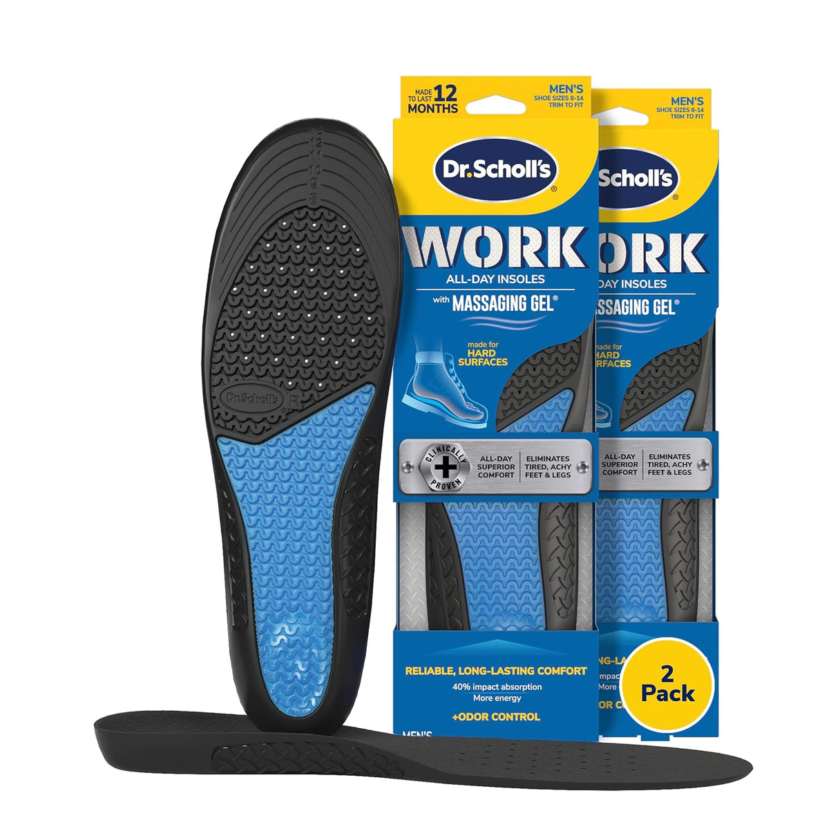 Dr. Scholl's Work Plantillas de Gel de Masaje para Hombre - 2 Count (Pack of 2)