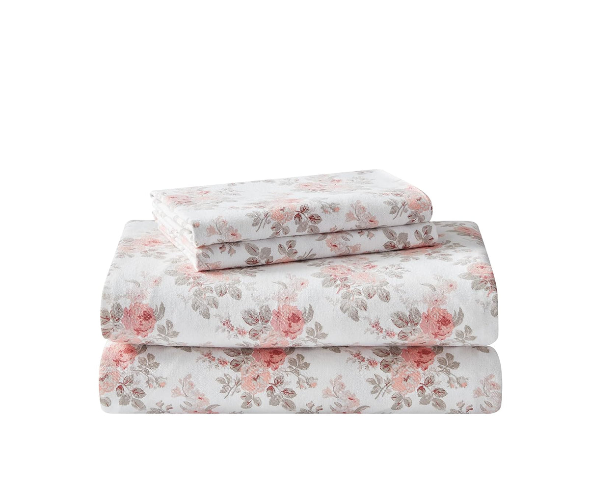 Laura Ashley - Juego de sábanas Queen, Ropa de Cama de Franela de algodón, Cepillado para Mayor suavidad y Comodidad (Lisalee Pink, Queen)