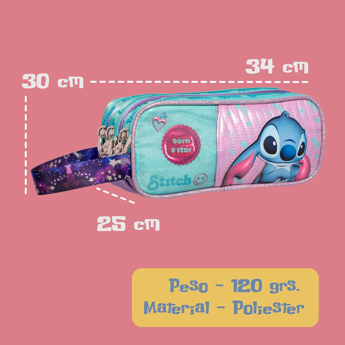 Ruz Lapicera Triple Infantil y Preescolar | Stitch | 100% Poliéster | Organizador Escolar para Niños con Múltiples Bolsillos y Cierre | Recomendado desde 3 años