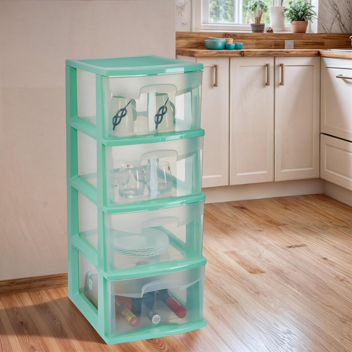 Italhome Cajonera ONYX 4 de Plástico Aqua con 4 Cajones Transparentes, Organizador Multiusos Desarmable para Recámara, Oficina o Cocina