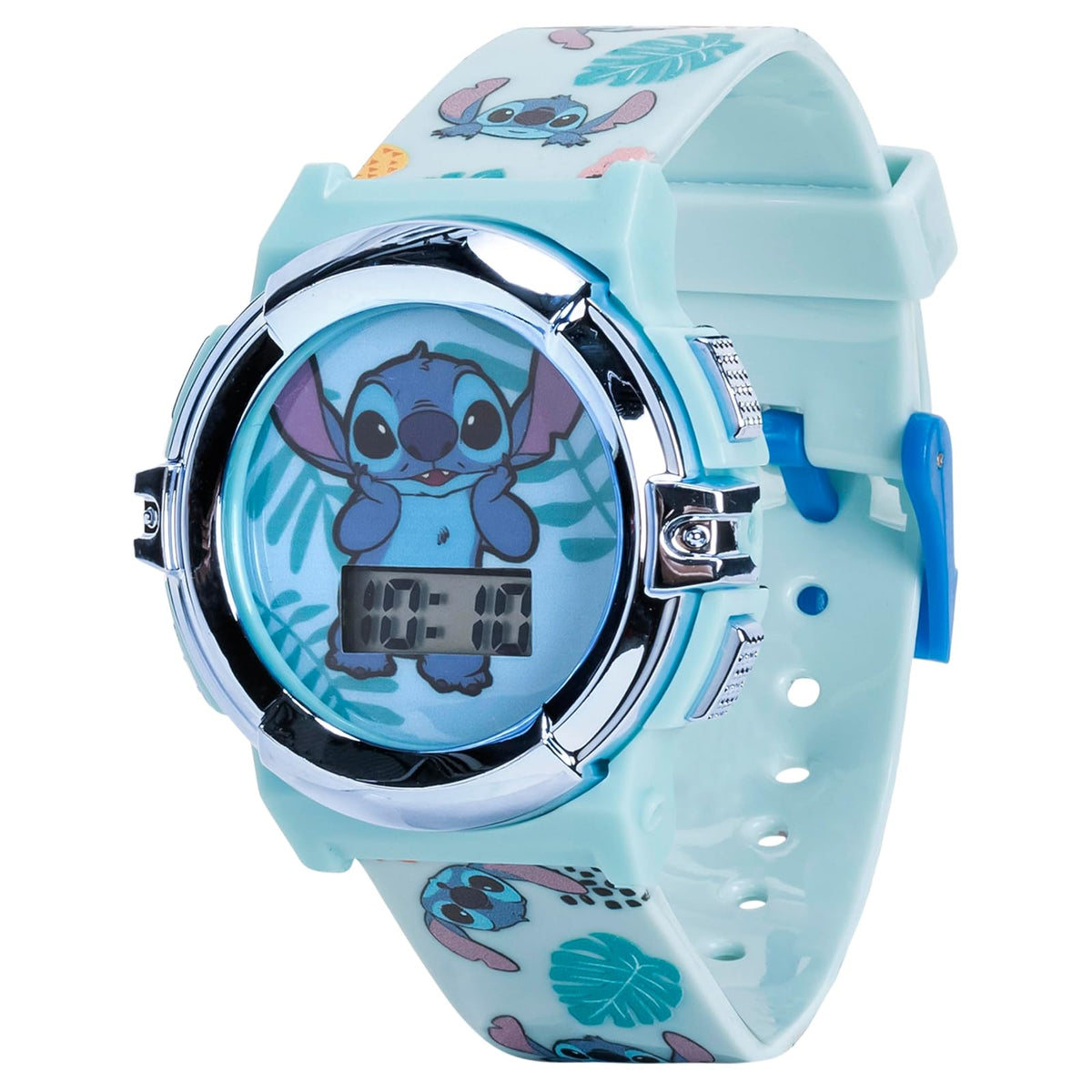 Accutime Disney Lilo and Stitch Blue Digital LCD Reloj de pulsera para niños, niñas, niños pequeños con correa gráfica multicolor (modelo: LAS4019AZ), Azul/Patchwork, Reloj de pulsera digital