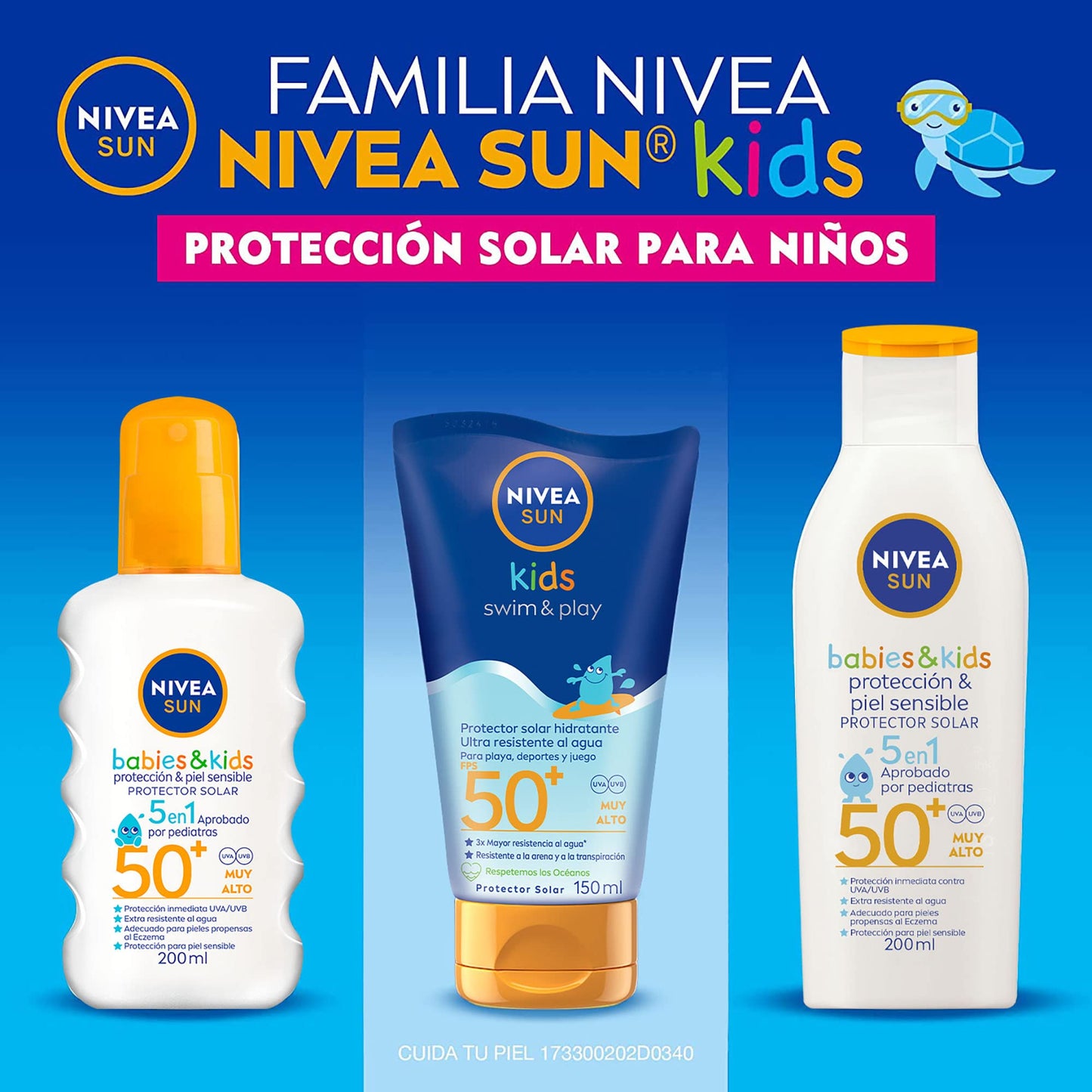 NIVEA SUN KIDS Protector Solar Corporal Protect & Sensitive (200 ml), Loción Solar en Spray No Grasosa ni Pegajosa Ideal para la Piel Sensible de los Niños Fps 50+ Resistente al Agua