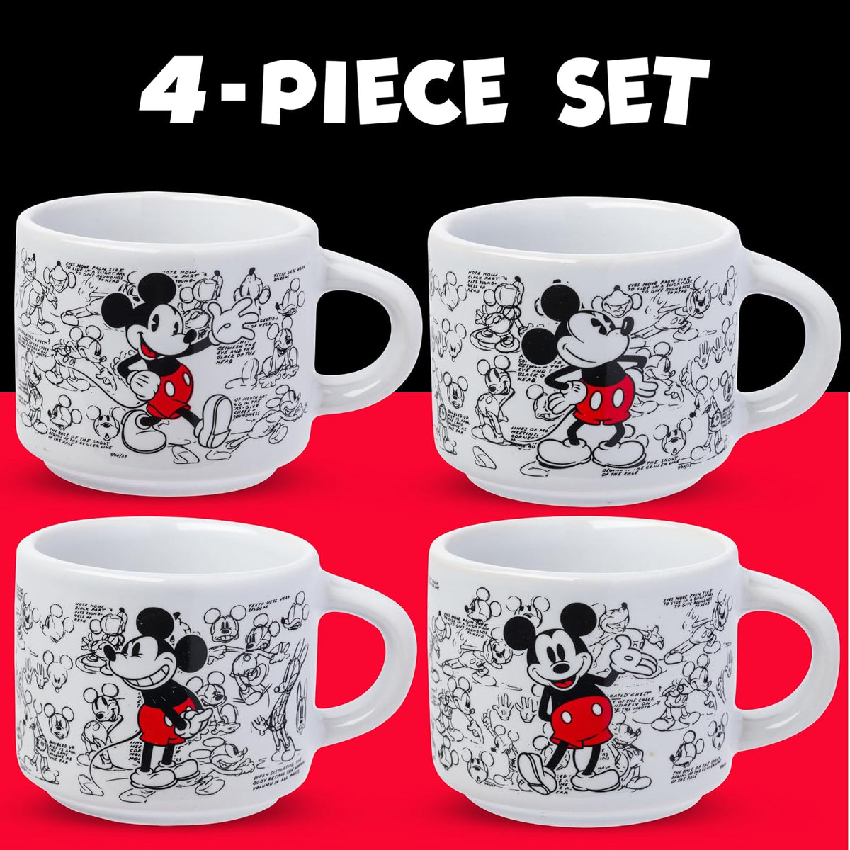 Silver Buffalo Disney Mickey Mouse clásico Sketches Art 4 piezas apilables de cerámica espresso juego de tazas pequeñas, 3 onzas