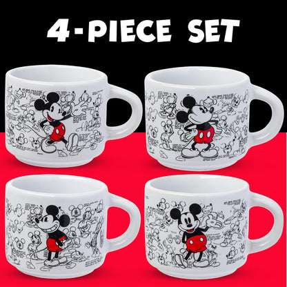 Silver Buffalo Disney Mickey Mouse clásico Sketches Art 4 piezas apilables de cerámica espresso juego de tazas pequeñas, 3 onzas