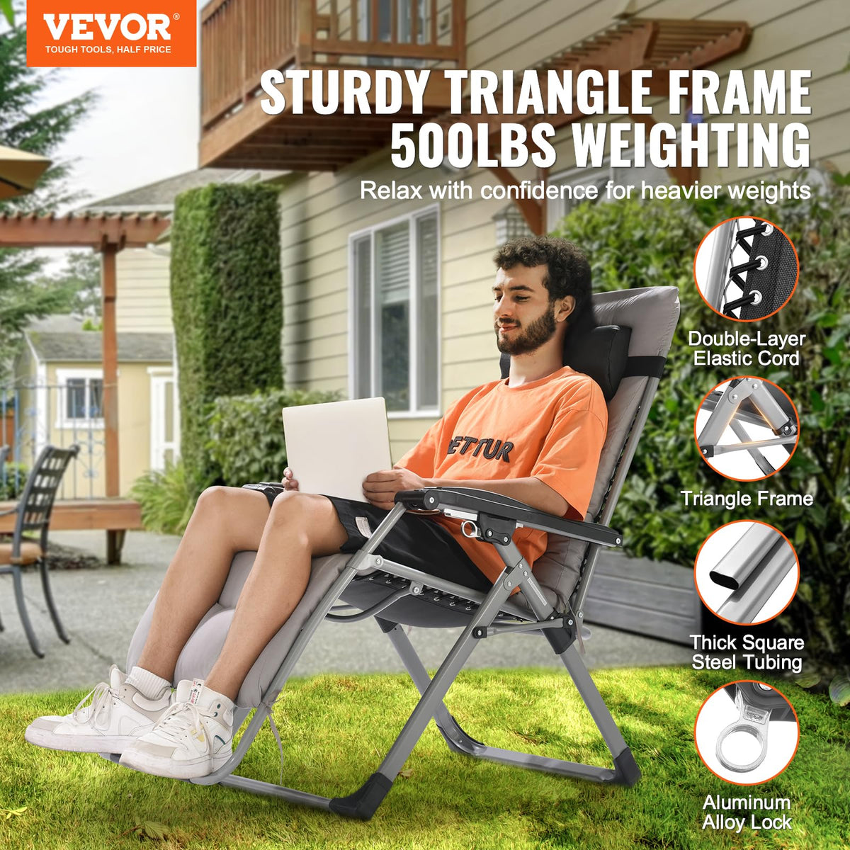 VEVOR Silla de Gravedad Cero 645 mm Sillón Reclinable para Jardín Tumbona para Terraza Capacidad de 226,8 kg Tumbona Antigravedad Ajustable con Cojín Reposacabezas Reposapiés Portavasos, Gris