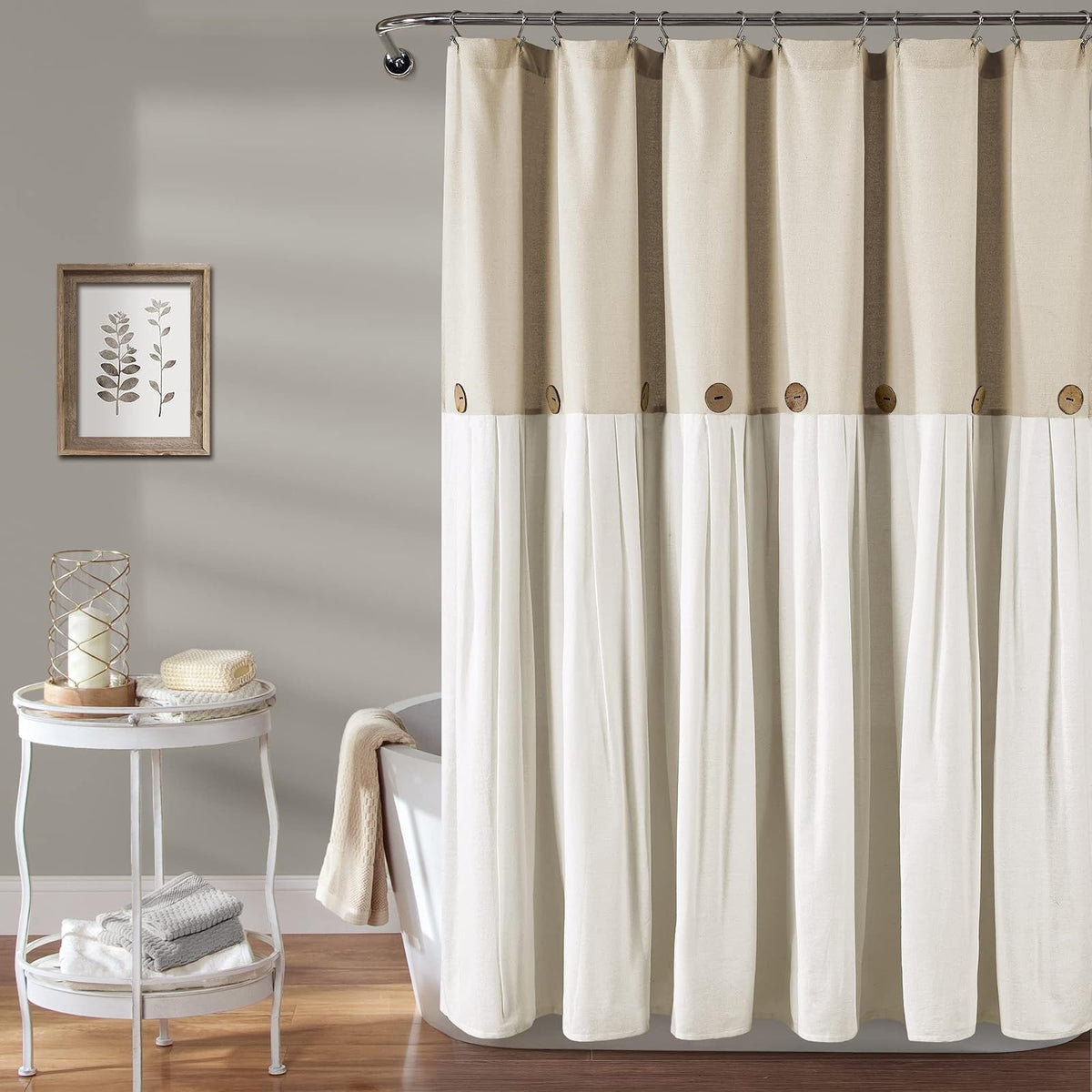 Lush Decor - Cortina de Ducha de Lino con Botones, 72 Pulgadas de Ancho x 72 Pulgadas de Largo, Lino, Tela de Cortina de Ducha neuronal - Cortina de baño - Decoración de baño de Granja - lino