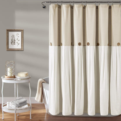 Lush Decor - Cortina de Ducha de Lino con Botones, 72 Pulgadas de Ancho x 72 Pulgadas de Largo, Lino, Tela de Cortina de Ducha neuronal - Cortina de baño - Decoración de baño de Granja - lino