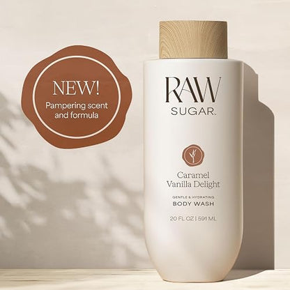 RAW SUGAR, Body Wash Caramel Vanilla Delight, Gel de Baño, Suave e Hidratante, Nutre y Revitaliza, Equilibra pH, 20 OZ