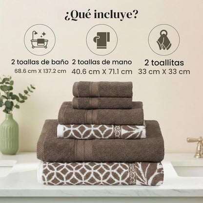 Amrapur Overseas - Juego de 6 Toallas de Jacquard teñidas con Hilo Reversible (Mocha)