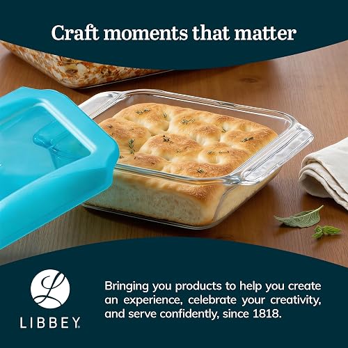 Libbey Baker's Premium - Juego de 2 platos de vidrio para hornear de 8 x 8 pulgadas con tapas, utensilios apilables con asas GreatGrip, platos cuadrados cubiertos duraderos