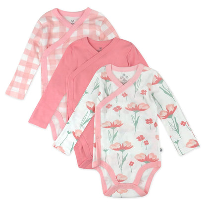 HonestBaby Paquete de 3 Enterizos de Manga Larga con Cierre Lateral, Algodón Orgánico - Fresa Rosa Floral - Recién Nacido