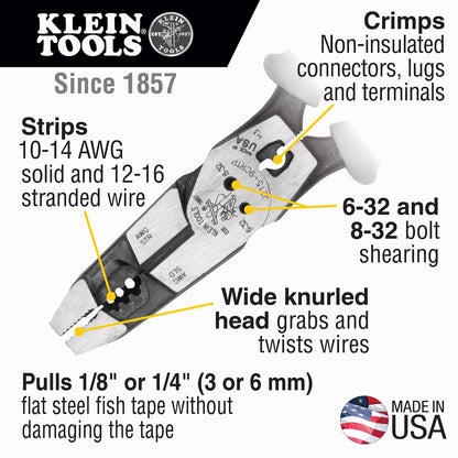 Klein Tools J2159CRTP - Alicates de corte lateral, fabricados en Estados Unidos, alicates híbridos de alto apalancamiento de 9 pulgadas con engarzador, extractor de cinta de pescado y pelacables