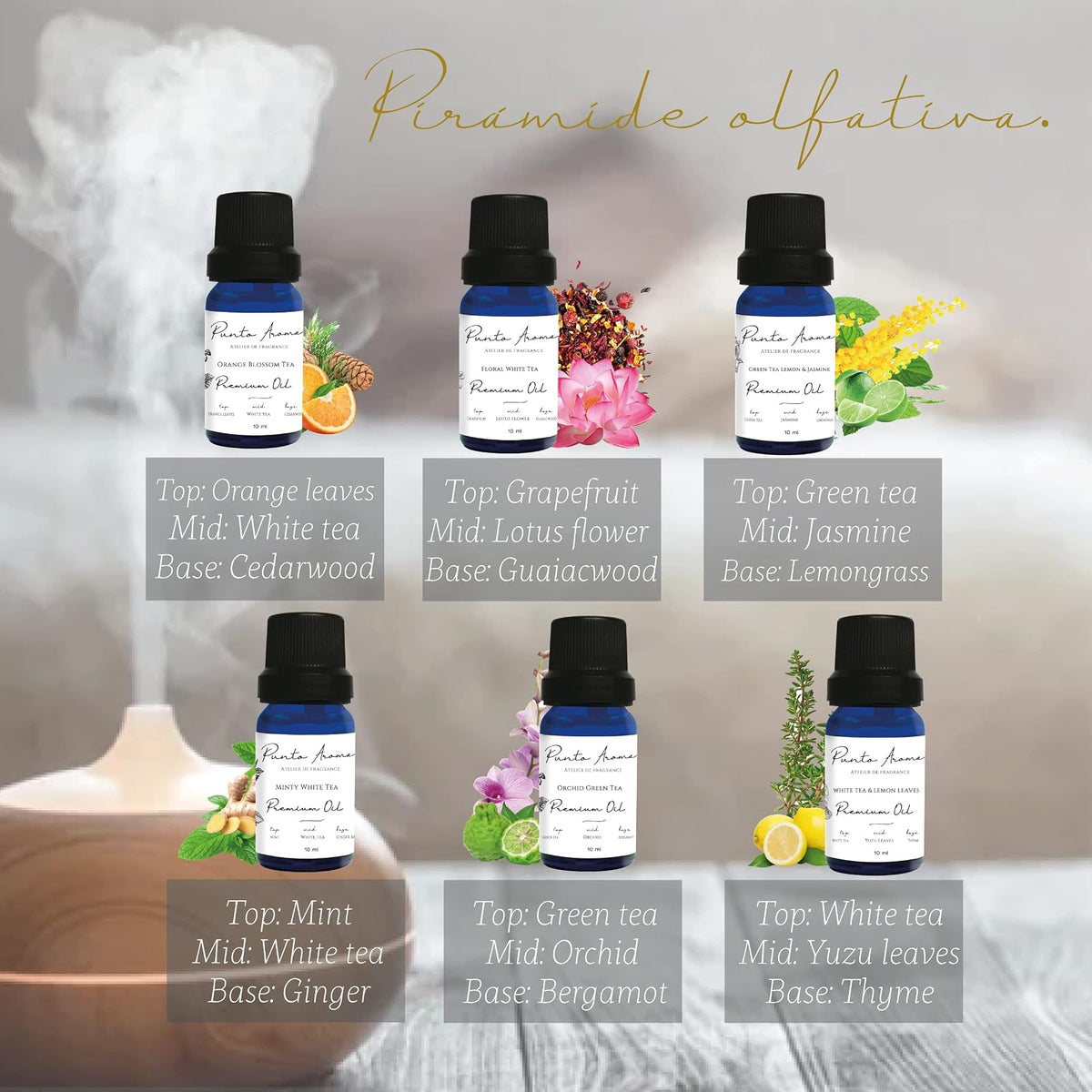Punto Aroma - Aromaterapia - Set de 6 fragancias para difusor humidificador - Incluye 6 frascos de 10ml - Fragancia Premium (Tea Lovers)