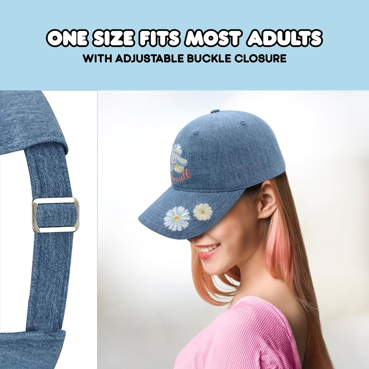 Cinnamoroll - Gorro de béisbol de algodón para Mujer con Borde Curvado, Tela Vaquera, Talla única, Azul (Denim), One Size