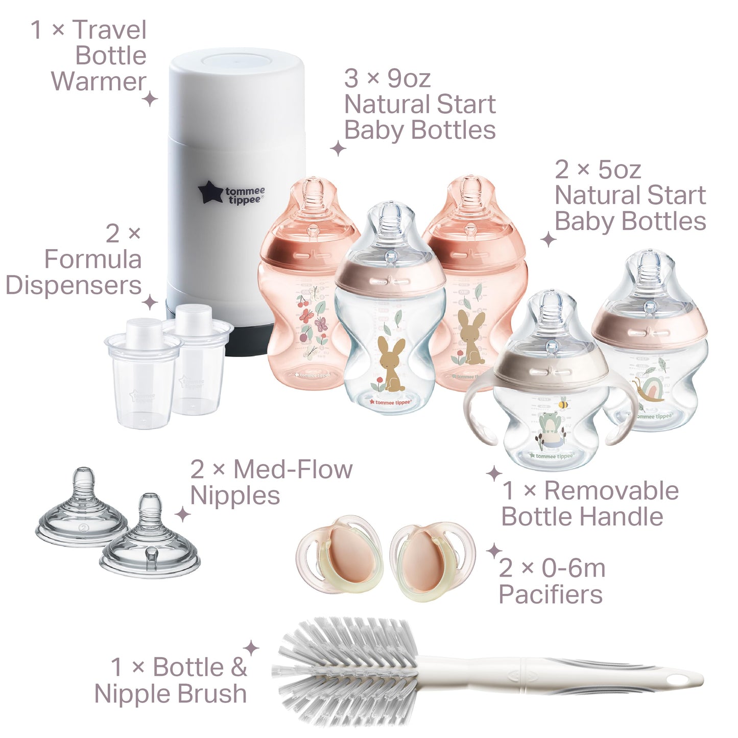 Tommee Tippee Natural Start Ready for Baby Bottle Set, 5oz and 9oz Anti-Colic Bottles, Slow and Medium Flow Nipples, 0-6 month pacifiers, Self-Sterilizing, Pink