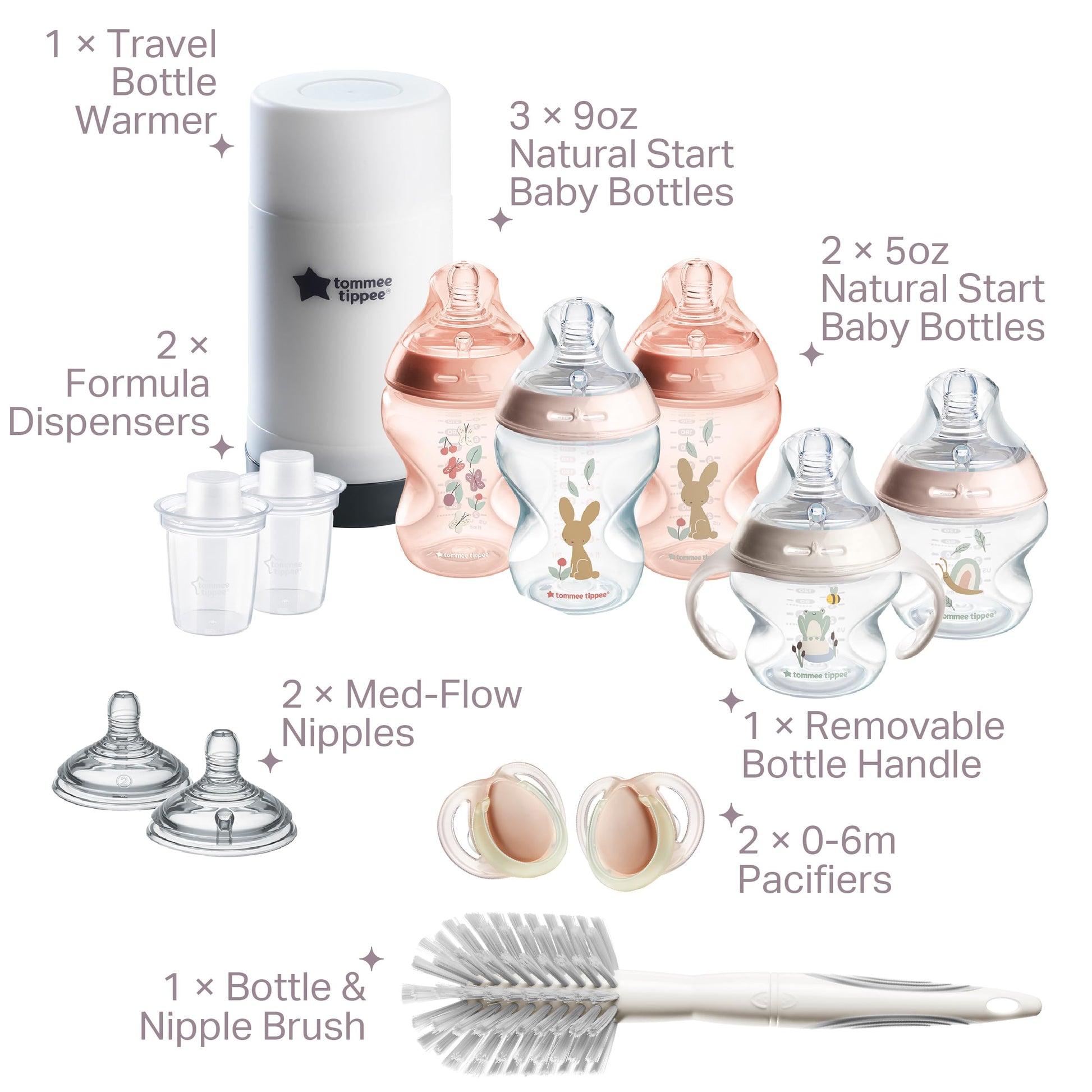 Tommee Tippee Natural Start Ready for Baby Bottle Set, 5oz and 9oz Anti-Colic Bottles, Slow and Medium Flow Nipples, 0-6 month pacifiers, Self-Sterilizing, Pink