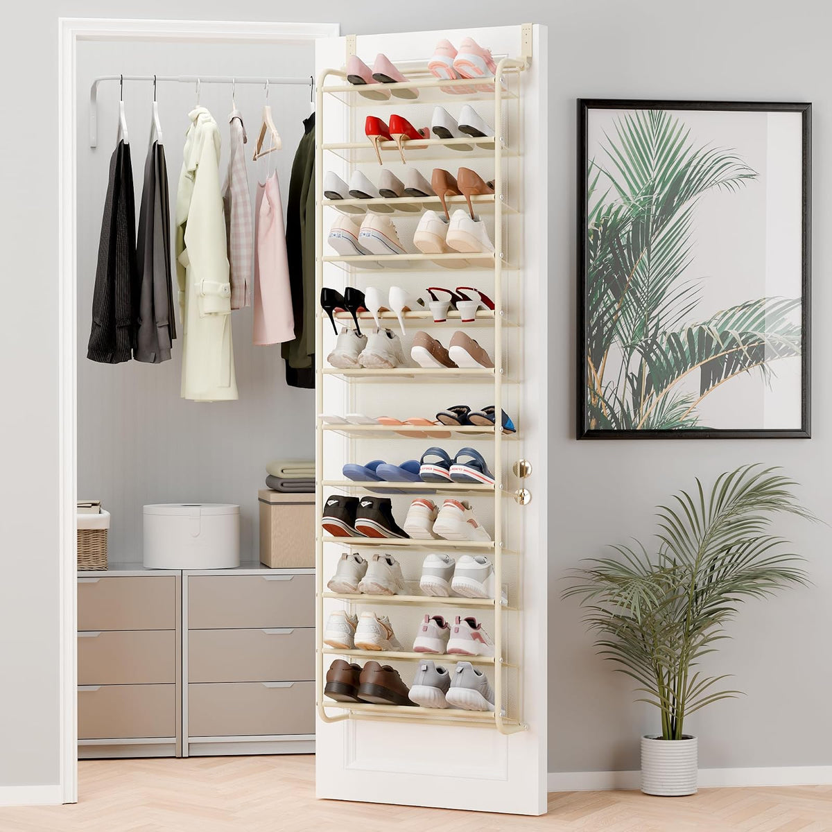 Whitmor Organizador de Zapatos sobre la Puerta 36 Pares | 12 niveles, metal y malla, ganchos ajustables, negro, para armarios, dormitorios, entradas - Beige - Shoe Rack