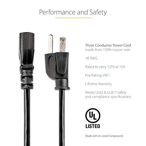 StarTech PXT10112 Cable de Alimentación Corriente para PC Computadora C13 a Enchufe NEMA5-15P con Toma a Tierra, 14 AWG, 3.6m