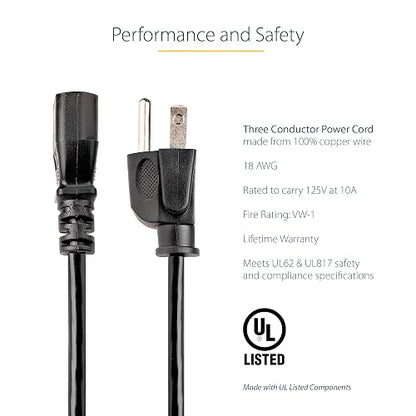 StarTech PXT10112 Cable de Alimentación Corriente para PC Computadora C13 a Enchufe NEMA5-15P con Toma a Tierra, 14 AWG, 3.6m