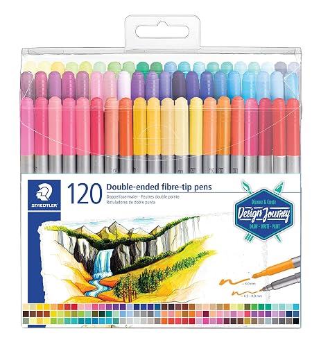 Staedtler bolígrafos de punta de fibra de doble punta, tinta lavable, puntas de escritura fina y negrita, 120 colores surtidos, 3200 TB120, multicolor (3200 TB120ST)
