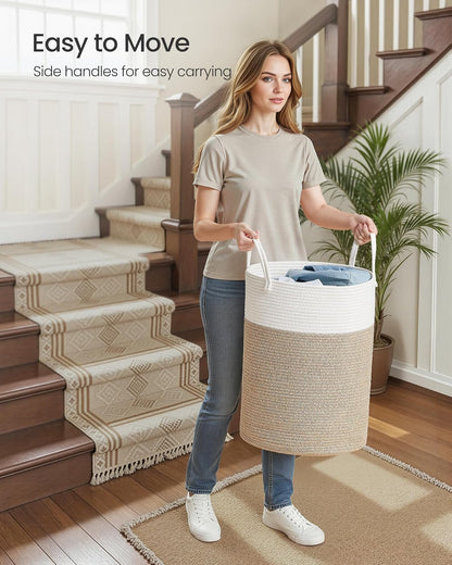 SONGMICS - Cesta de lavandería con asas, 15.8 galones | Para ropa, sala de estar, recámara, 13.8 x 13.8 x 19.7 pulgadas, beige, colección STOWIT URLH061LZ01